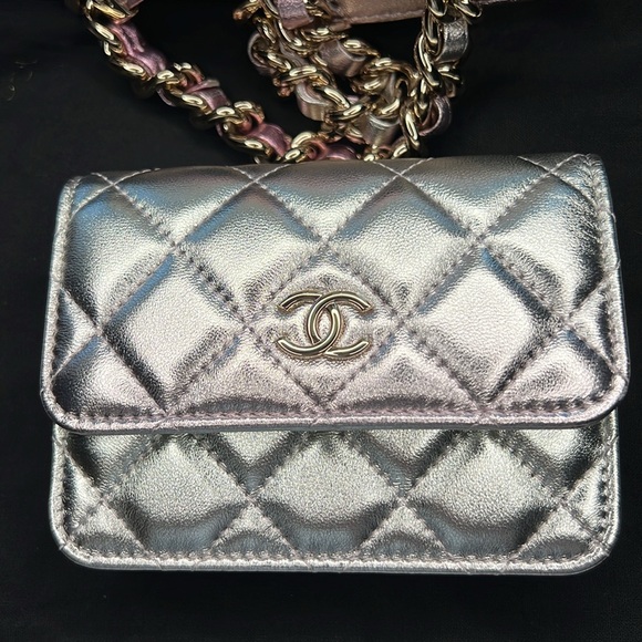 Gradient Metallic Two Tone Lambskin Quilted Flap Chain Belt Bag NWOT Pink/Silver - Picture 9 of 17